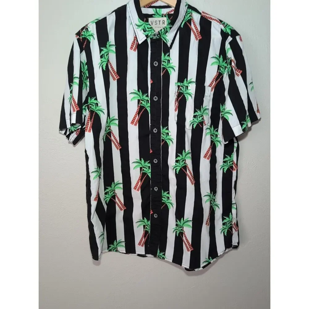 VSTR Premium Modern Nomads Black And White Button‎ Up Cotton Hawaiian Tropical L